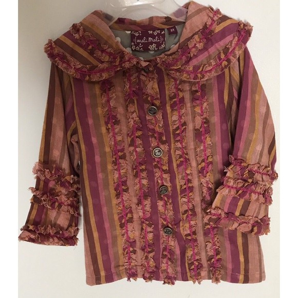 Meli Meli Top Blouse Button Down Shirt 3 T Cotton Silk Stripes Ruffles Lined - Picture 1 of 5